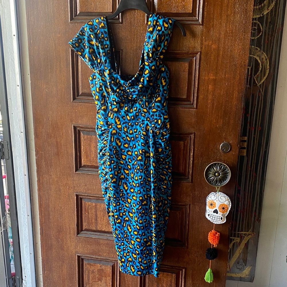Vixen by Micheline Pitt Blue and Yellow Asymmetrical Dress